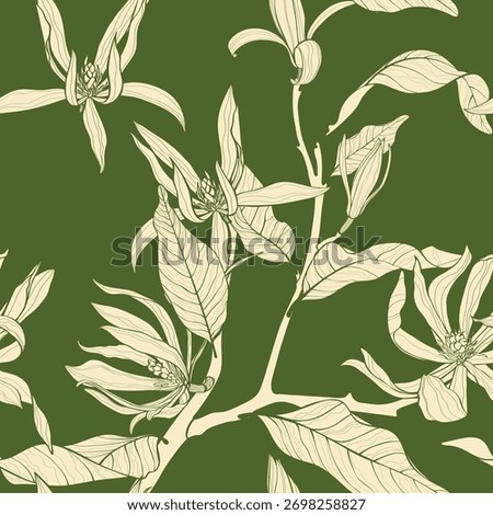 Vector floral seamless pattern of magnolia branches and flowers. Romantic elegant line background.