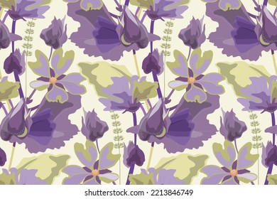 Vector floral seamless pattern with mallows. Purple flowers, olive-colored leaves on a light background. Floral design for decorating surfaces, wallpapers, cards and more.