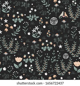 Vector floral seamless pattern with meadow plants, flowers and birds, doodle Scandinavian background for textile, cards, or wallpapers