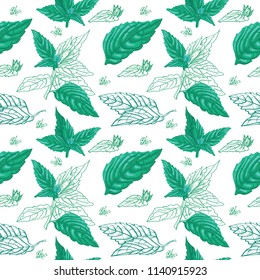 Vector floral seamless pattern with mint leaves and flowers. Mint hand sketch vector illustration. Hand drawn eco design for fabric and wrap paper, packaging- tea, oil, cosmetics etc.