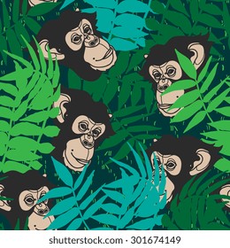 Vector floral seamless pattern with monkey