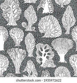 Vector floral seamless pattern of monochrome cartoon tree silhouette on a black background with lot of small white flowers