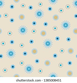 Vector floral seamless pattern, multicolored cartoon abstract daisy flowers on beige background.