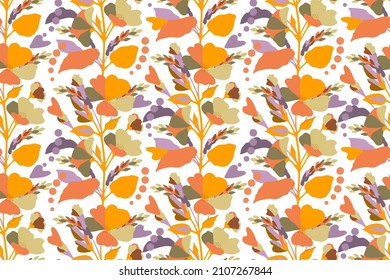 Vector floral seamless pattern. Multicolored flowers, spikelets, twigs and leaves on a white background. Floral design with vertical elements for wallpapers, fabrics, banners, and more.
