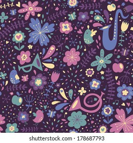 Vector floral seamless pattern with musical instruments and birds. Cute spring background in violet and blue color palette