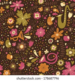 Vector floral seamless pattern with musical instruments and birds. Cute colorful spring background