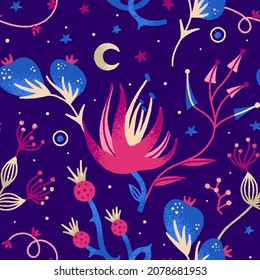 Vector floral seamless pattern. Mysterious night flowers. Repeat background with magic plants in pink and blue colors. Hand drawn style. Wallpaper, wrapping paper, textile