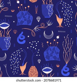 Vector floral seamless pattern. Mysterious cosmic flowers in vases. Repeat background with magic plants in blue and brown colors. Hand drawn style. Wallpaper, wrapping paper, textile