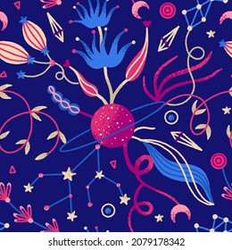 Vector floral seamless pattern. Mysterious night flowers and planet. Repeat background with magic plants in pink and blue colors. Hand drawn style. Wallpaper, wrapping paper, textile