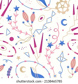 Vector floral seamless pattern. Mysterious cosmic flowers. Yellow background with magic plants. Hand drawn style. Wallpaper, wrapping paper, textile