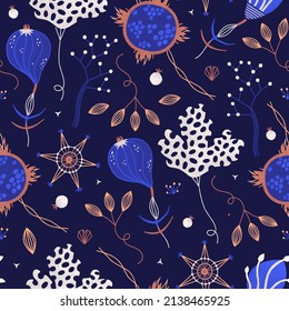 Patrón vector floral sin soldadura. Flores misteriosas de bruja nocturna. Repita el fondo con las plantas mágicas en colores azul y marrón. Estilo dibujado a mano. Papel de escritorio, papel de embalaje, textiles