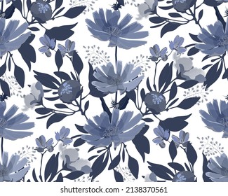 Vector floral seamless pattern. Navy blue flowers isolated on a white background. Floral design for decorating surfaces, wallpapers, banners, cards and more.