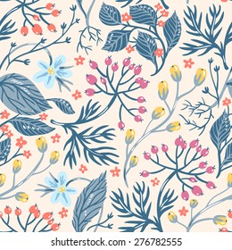 vector floral seamless pattern with old-fashioned flowers, plants and berries