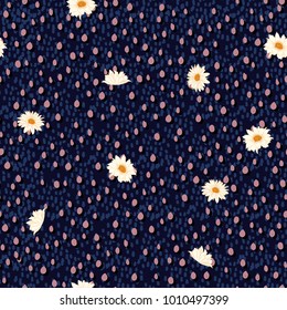 Vector floral seamless pattern on colorful; hand drawing polka in layers dot paint , delicate flower wallpaper, daisy flowers wallpaper on navy blue background Vector floral seamless pattern on colorful; hand drawing polka in layers dot paint , delicate flower wallpaper, daisy flowers wallpaper on navy blue background