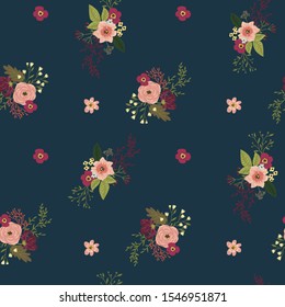 Vector floral seamless pattern on navy background with flower bouquets and buds. Modern design for wedding, invitations, paper, cover, fabric, interior decor, etc. Ideal for baby girl design.