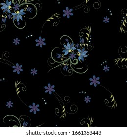Vector floral seamless pattern on a black background. A bouquet of flower and stems, small flowers scattered on the surface for the design of silk fabric, textile shawls, hijab, scarf, paper.