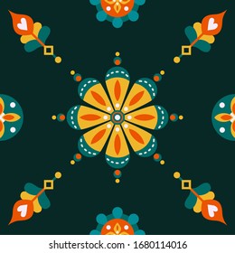 Vector floral seamless pattern on the dark background. Bright illustration. Artwork for wallpaper, textile, greeting cards, invitations, prints, home decor.