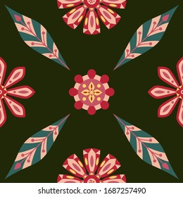 Vector floral seamless pattern on the dark background. Botanical illustration. Artwork for wallpaper, textile, greeting cards, invitations, prints, home decor.