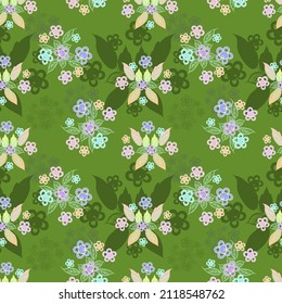 Vector floral seamless pattern on a olive background, light decorative flowers and leaves, for fabric design.