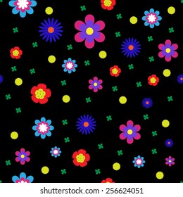 Vector floral seamless pattern on black background. Flowers texture. Illustration can be used as a print fabric, wrapping paper, screen saver for web site, for design of cards, frames etc.