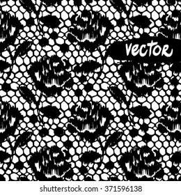 Vector floral seamless pattern on a black lace background. Trendy style romantic lace and  blossom flower rose pattern regular. Hand drawn graphic vector flowers roses with dots. 