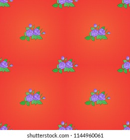 Vector floral seamless pattern. Orange, red and green roses with green leaves.