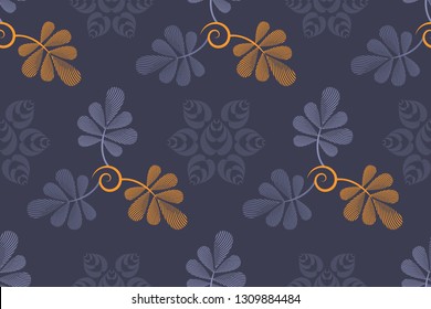 Vector floral seamless pattern. Orange, gray and navy blue graphic leaves and curls on a navy blue background.