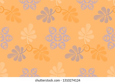 Vector floral seamless pattern. Orange, gray and navy blue graphic leaves and curls on a light orange background. Isolated elements.