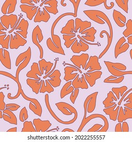 Vector, Floral Seamless Pattern Of Orange, Hawaiian Hibiscus Flowers With Pastel Pink Background Designed For Paper, Fabric, Kids Clothing, And Fashion Accessories