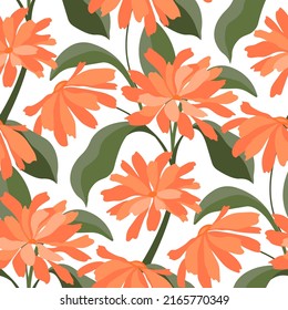 Vector floral seamless pattern. Orange flowers with green twigs and leaves on a white background. Floral design for decorating surfaces, wallpapers, layouts, banners and more.