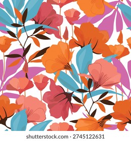 Vector floral seamless pattern. Orange, red, pink flowers, purple and blue leaves on a white background