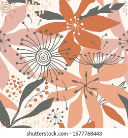 Vector floral seamless pattern with organic abstract shapes. Abstract leaves geometrical shape and doodle elements. Modern abstract collage background for website, cards, textile, wrapping paper 