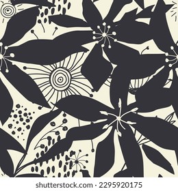 Vector floral seamless pattern with organic abstract shapes. Tropical leaves geometrical shape and doodle elements. Modern abstract collage background. Monochrome vector illustration