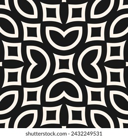 Vector floral seamless pattern in oriental style. Black and white minimal ornament with flowers, leaves, petals, curved shapes. Simple monochrome geometric background. Elegant abstract geo texture