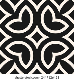 Vector floral seamless pattern in oriental style. Black and white texture with flowers, leaves, petals. Simple monochrome geometric background. Abstract arabesque ornament. Stylish repeated design