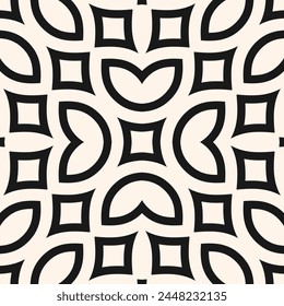 Vector floral seamless pattern in oriental style. Black and white minimal ornament with flowers, leaves, petals, curved lines. Simple monochrome geometric background. Abstract arabesque geo texture