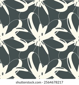 Vector floral seamless pattern in oriental style. Black and white texture with flowers, leaves, petals. Simple monochrome geometric background. Abstract arabesque ornament. Stylish repeated design