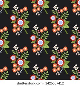 Vector floral seamless pattern. Ornament from simple flowers. Background for printing on paper, wallpaper, covers, textiles, fabrics, for decoration, decoupage, scrapbooking and other