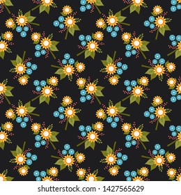 Vector floral seamless pattern. Ornament from simple flowers. Background for printing on paper, wallpaper, covers, textiles, fabrics, for decoration, decoupage, scrapbooking and other