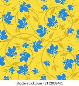 Vector floral seamless pattern. Ornament with beautiful flowers, curly branches, leaves, twigs in the colors of the Ukrainian flag. Liberty style wallpaper. Blue, yellow color. Elegant allover design
