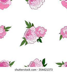 Vector Floral Seamless Pattern. Ornament of Pink Peonies on White  Background.  Wrapping Or Digital Paper.