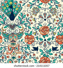 vectorial, sin fisuras, con cráneos ornamentales, pavos reales y rosas vintage