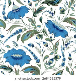 Vector floral seamless pattern of ornate flowers and leaves on a white background