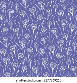 Vector floral seamless pattern with outline crocus flowers isolated on very peri background. Endless design in engraving style for bedding, wrapping paper, package, fabric, bedding, textile.