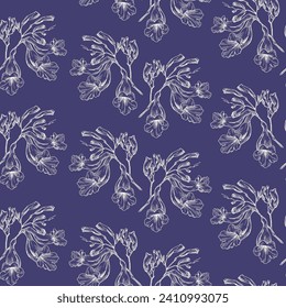 Vector floral seamless pattern outline branch of jacaranda flowers. Beige elements on violet background. Hand drawn illustration for design packaging, textile, wallpaper, fabric