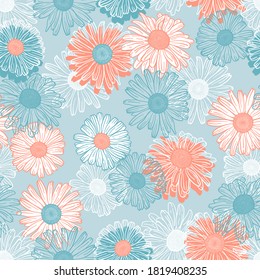 Vector Floral Seamless Pattern. Pastel Colors Background of Outline Vintage Daisy (Chamomile, Camomile) Flowers. Hand drawn Flower Sketch Wallpaper