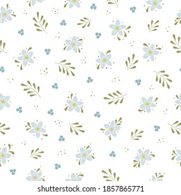 Patrón vectorial sin fisuras en tonos azul pastel y verde. Decoración de bodas de flores, primavera, planta, hojas, elementos decorativos florecientes. Envolviendo papel digital.