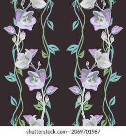 Patrón vectorial sin costura floral en colores pastel, flores pequeñas en tallos rizados con hojas