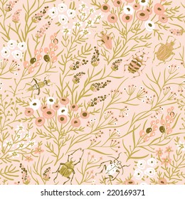 vector floral seamless pattern with pastel blooms and beetles