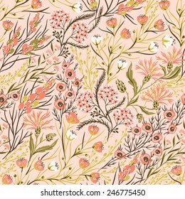 vector floral seamless pattern with pastel blooming flowers